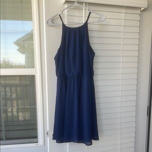 Navy Blue Halter Knee-Length Pleated Dress